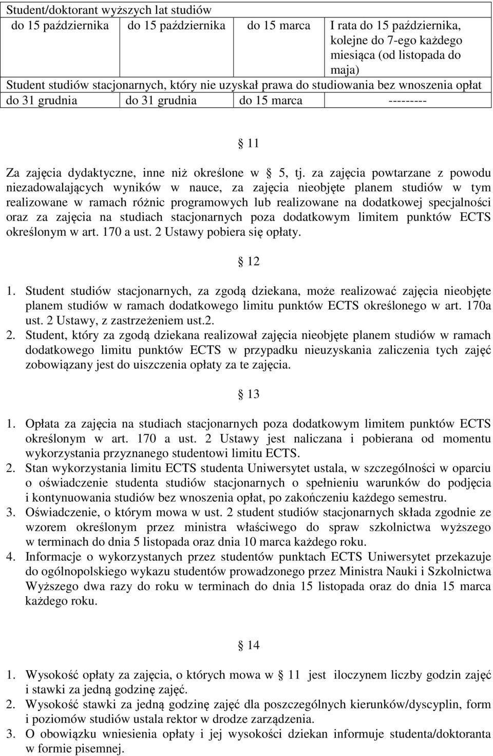 za zajęcia powtarzane z powodu niezadowalających wyników w nauce, za zajęcia nieobjęte planem studiów w tym realizowane w ramach różnic programowych lub realizowane na dodatkowej specjalności oraz za