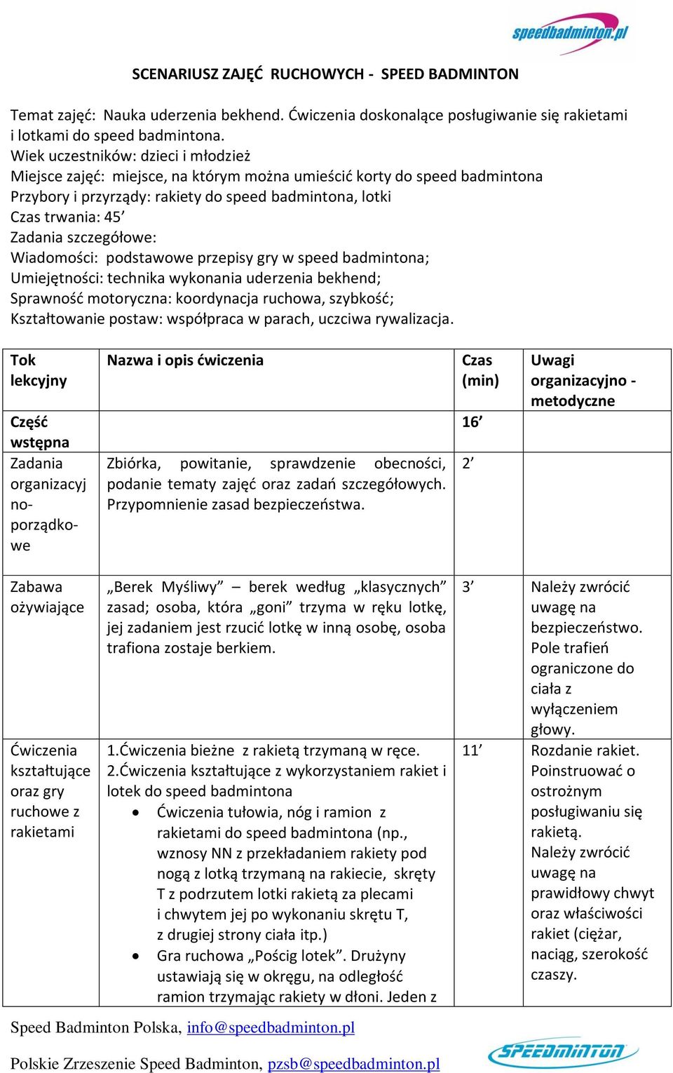 szczegółowe: Wiadomości: podstawowe przepisy gry w speed badmintona; Umiejętności: technika wykonania uderzenia bekhend; Sprawność motoryczna: koordynacja ruchowa, szybkość; Kształtowanie postaw: