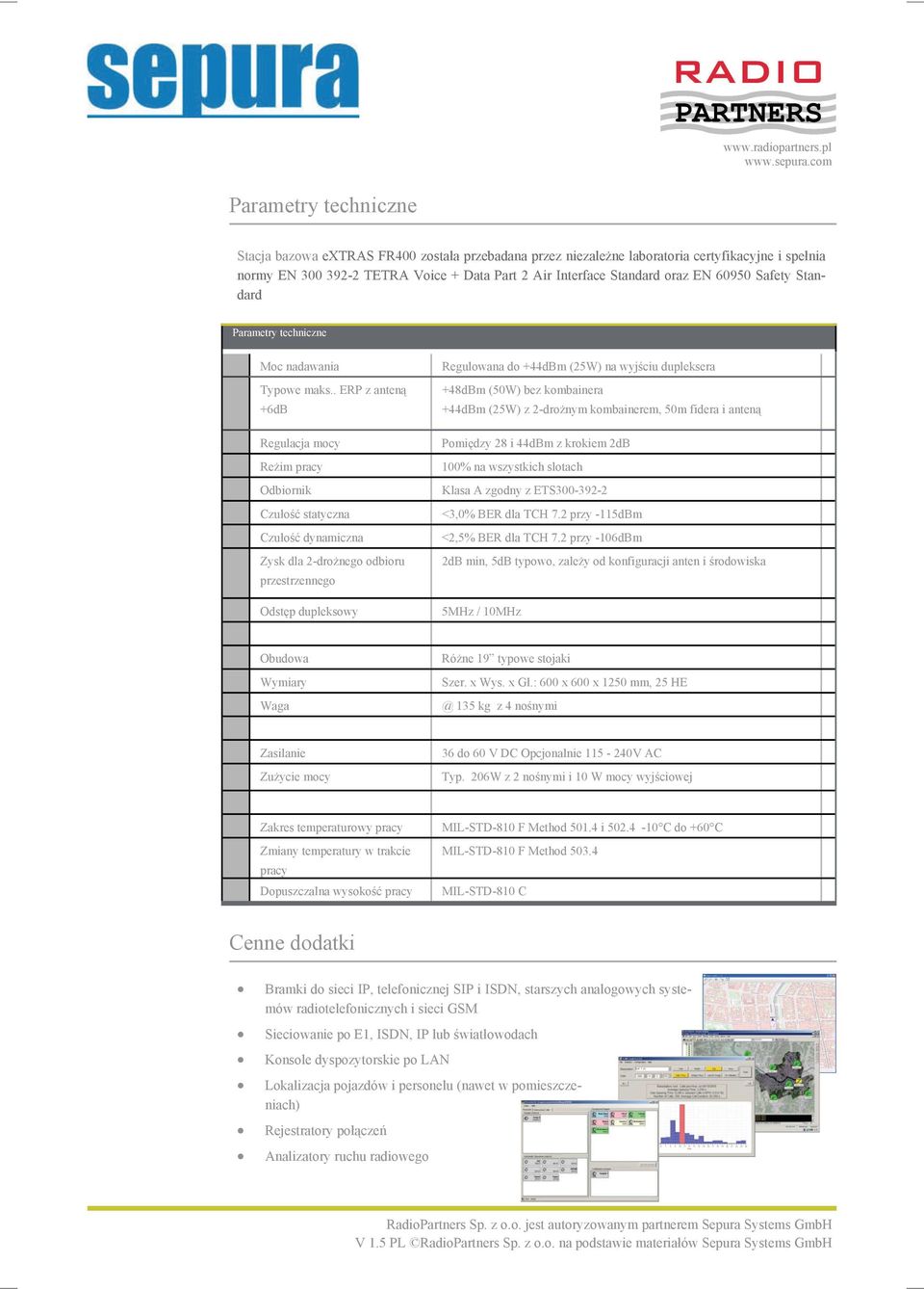 . ERP z anteną +6dB Regulacja mocy Reżim pracy Odbiornik Czułość statyczna Czułość dynamiczna Zysk dla 2-drożnego odbioru przestrzennego Odstęp dupleksowy Regulowana do +44dBm (25W) na wyjściu