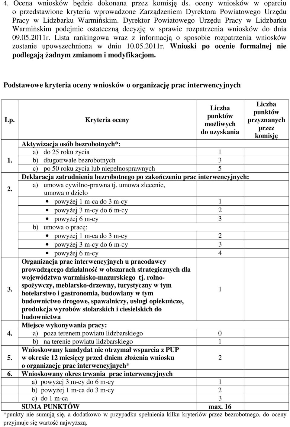 Lista rankingowa wraz z informacją o sposobie rozpatrzenia wniosków zostanie upowszechniona w dniu 10.05.2011r. Wnioski po ocenie formalnej nie podlegają żadnym zmianom i modyfikacjom.