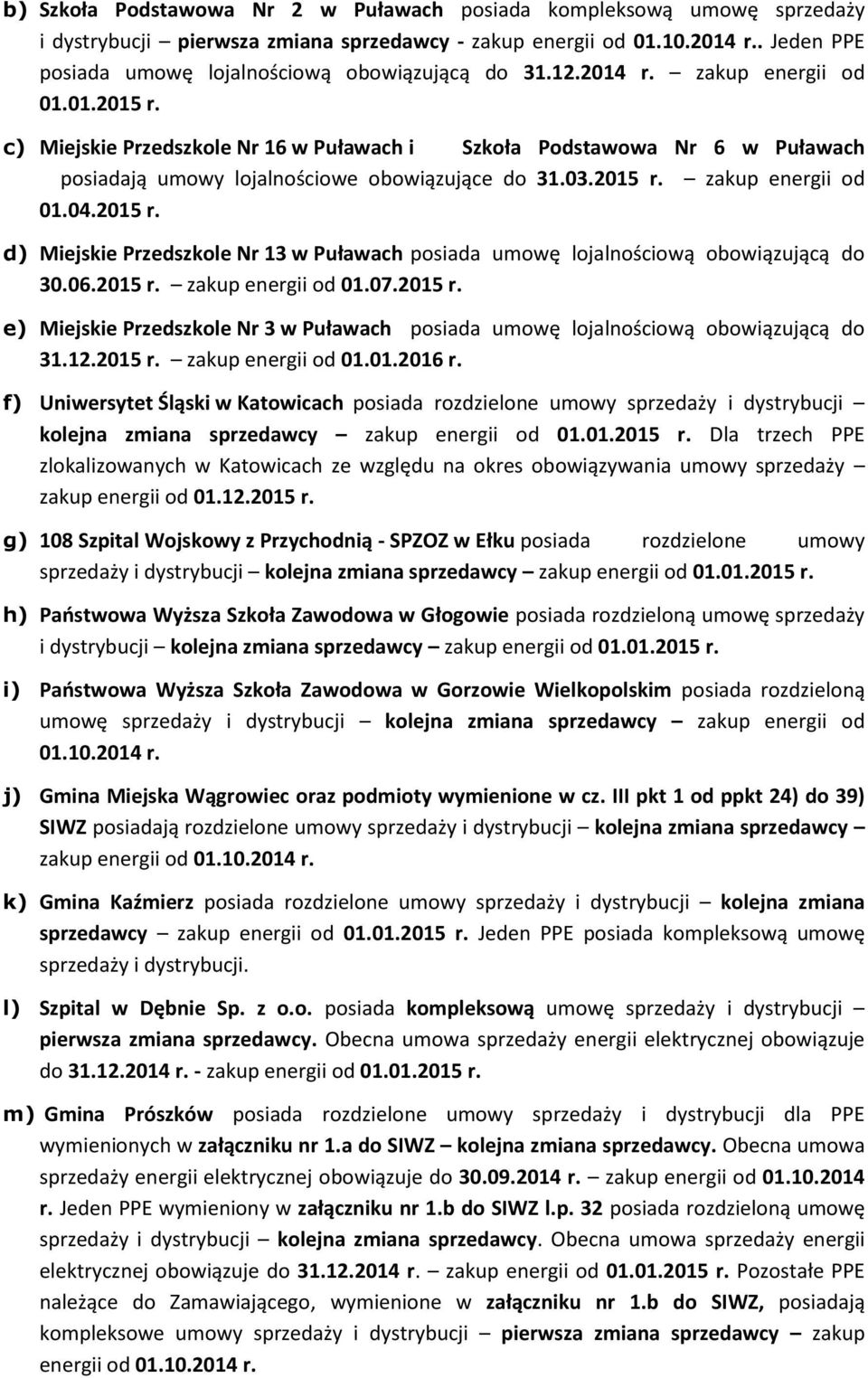 c) Miejskie Przedszkole Nr 16 w Puławach i Szkoła Podstawowa Nr 6 w Puławach posiadają umowy lojalnościowe obowiązujące do 31.03.2015 r.