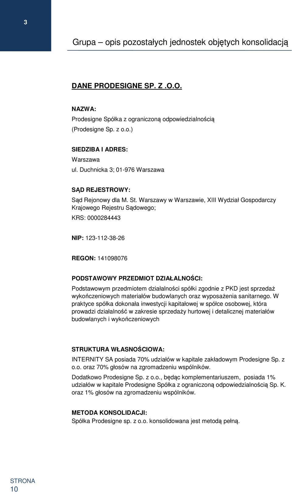 Warszawy w Warszawie, XIII Wydział Gospodarczy Krajowego Rejestru Sądowego; KRS: 284443 NIP: 123-112-38-26 REGON: 1419876 PODSTAWOWY PRZEDMIOT DZIAŁALNOŚCI: Podstawowym przedmiotem działalności