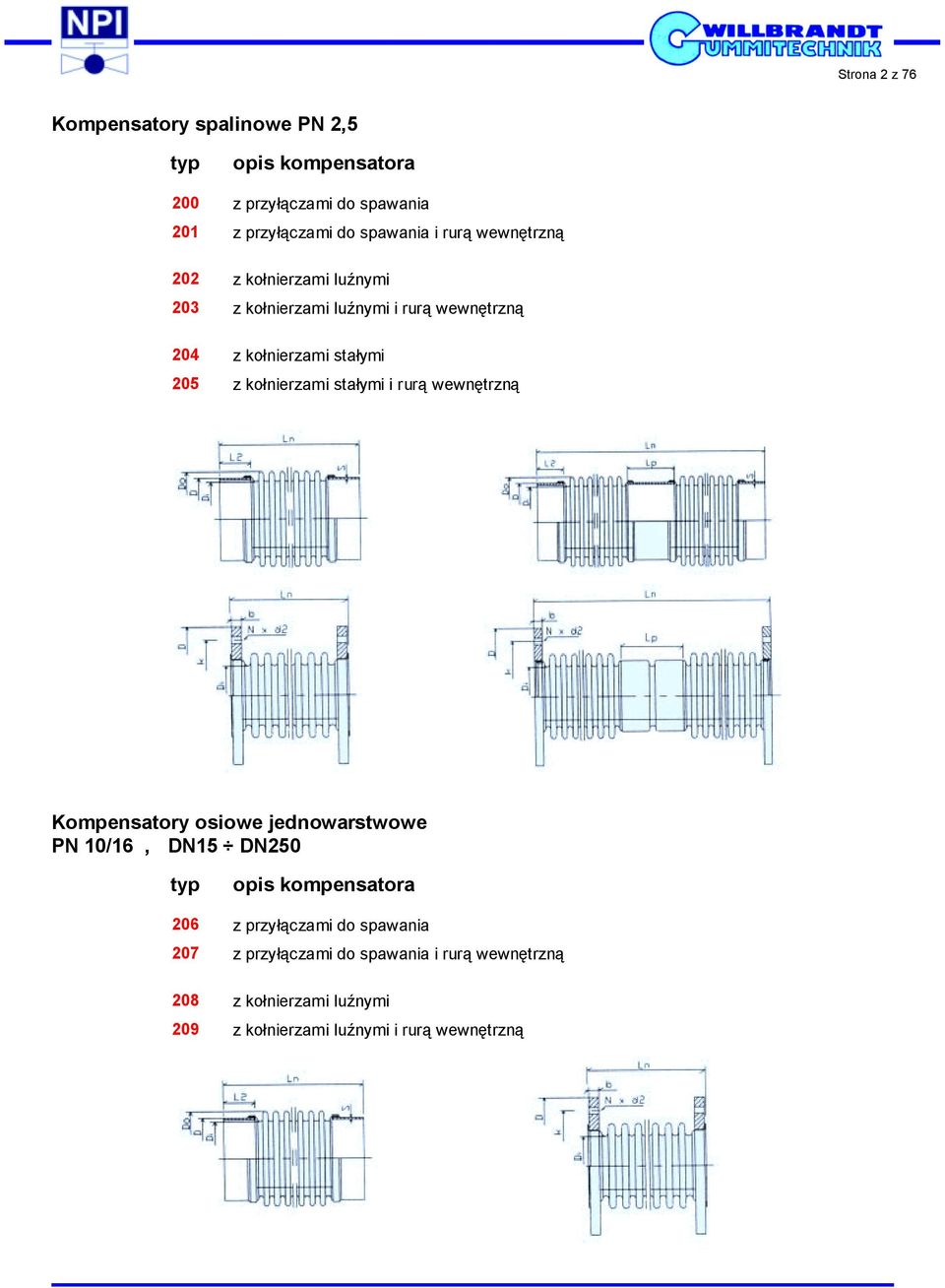 kołnierzami stałymi i rurą wewnętrzną Kompensatory osiowe jednowarstwowe PN 10/16, DN15 DN250 typ opis kompensatora 206 z