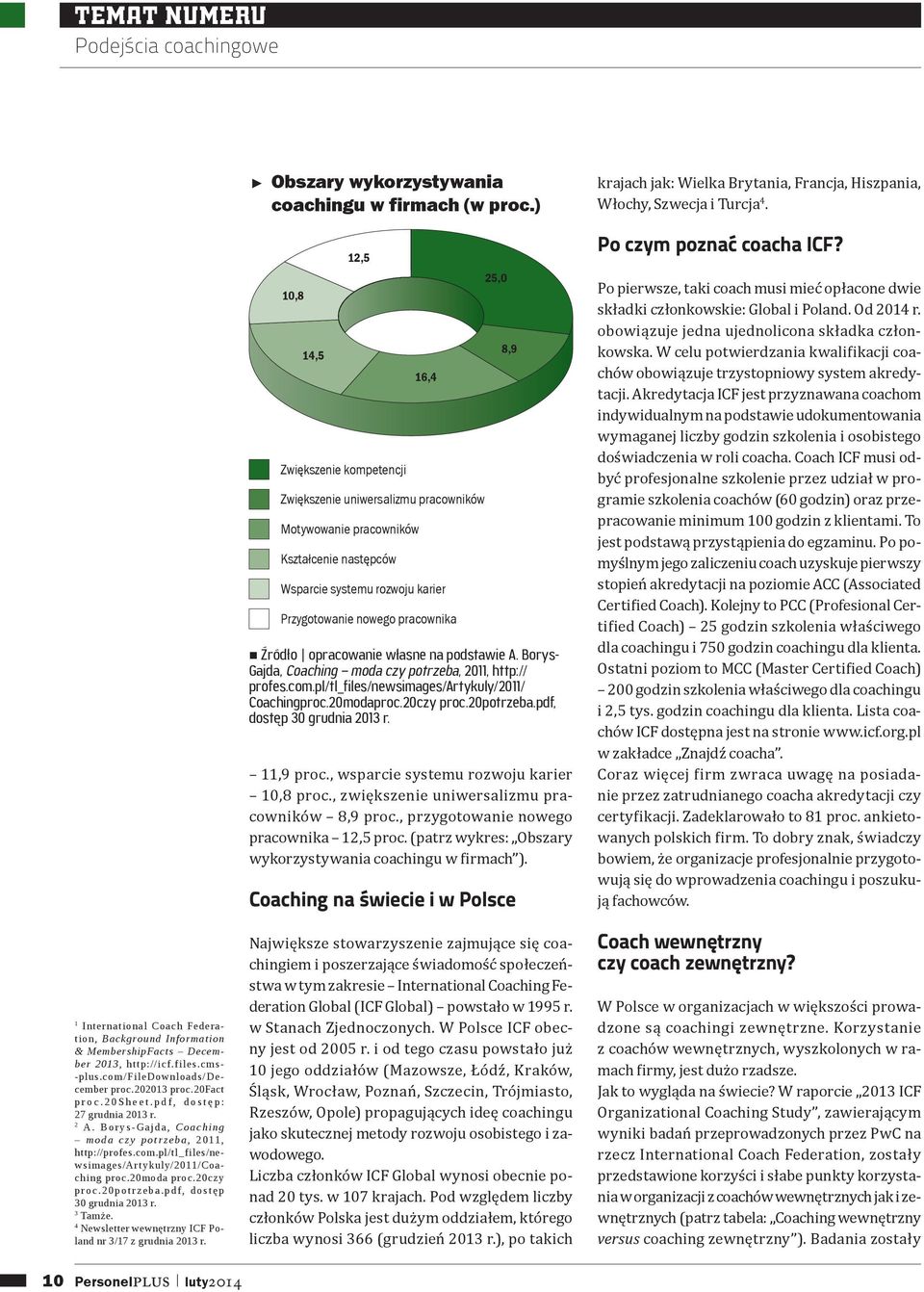 pdf, dostęp 30 grudnia 2013 r. 3 Tamże. 4 Newsletter wewnętrzny ICF Poland nr 3/17 z grudnia 2013 r. 10 Personelplus luty2014 Obszary wykorzystywania coachingu w firmach (w proc.