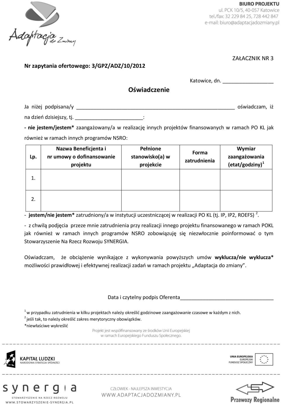 Nazwa Beneficjenta i nr umowy o dofinansowanie projektu Pełnione stanowisko(a) w projekcie Forma zatrudnienia Wymiar zaangażowania (etat/godziny) 1 1. 2.