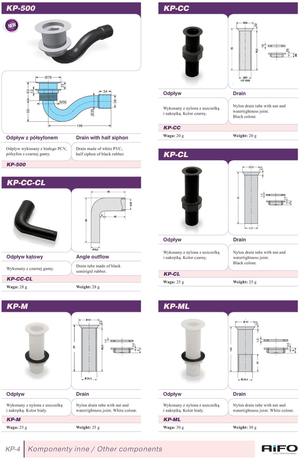 KP-CL KP-500 Ø29 KP-CC-CL 8 95 1,5 1,5 1/2" Odp³yw Drain Odp³yw k¹towy Wykonany z czarnej gumy. KP-CC-CL Waga: 28 g ngle outflow Drain tube made of black semirigid rubber.