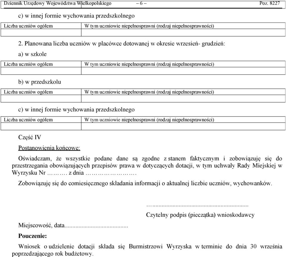 wszystkie podane dane są zgodne z stanem faktycznym i zobowiązuję się do przestrzegania obowiązujących przepisów prawa w dotyczących dotacji, w tym uchwały Rady Miejskiej w Wyrzysku Nr. z dnia.