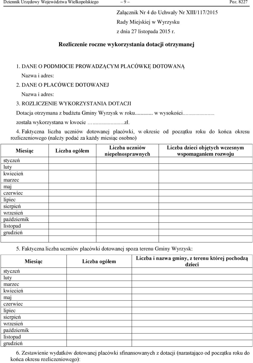 ROZLICZENIE WYKORZYSTANIA DOTACJI Dotacja otrzymana z budżetu Gminy Wyrzysk w roku... w wysokości... została wykorzystana w kwocie...zł. 4.