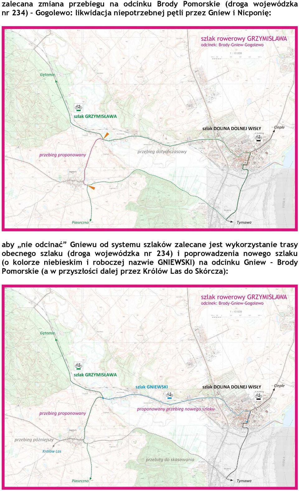 wykorzystanie trasy obecnego szlaku (droga wojewódzka nr 234) i poprowadzenia nowego szlaku (o kolorze