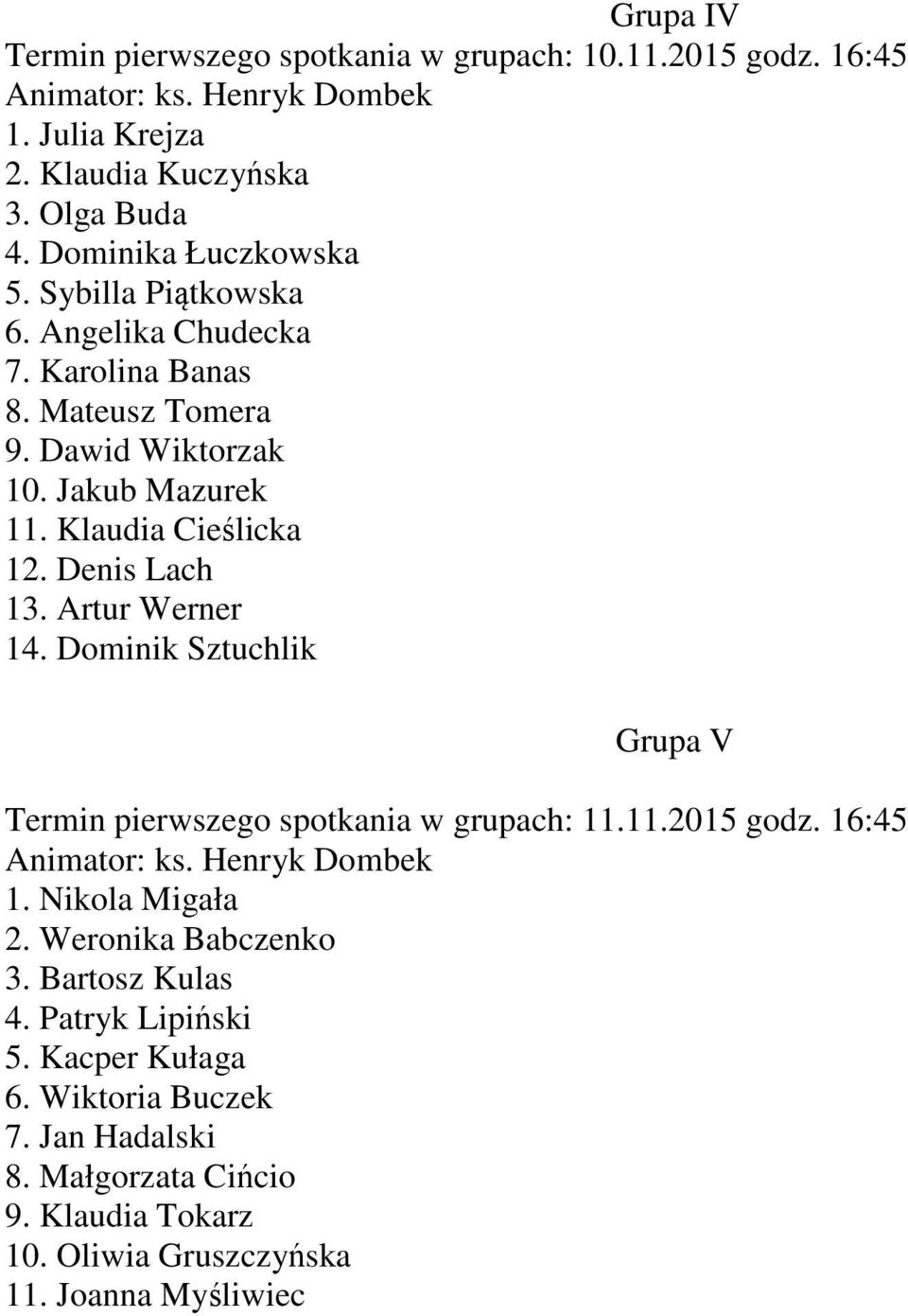 Denis Lach 13. Artur Werner 14. Dominik Sztuchlik Grupa V Termin pierwszego spotkania w grupach: 11.11.2015 godz. 16:45 Animator: ks. Henryk Dombek 1. Nikola Migała 2.