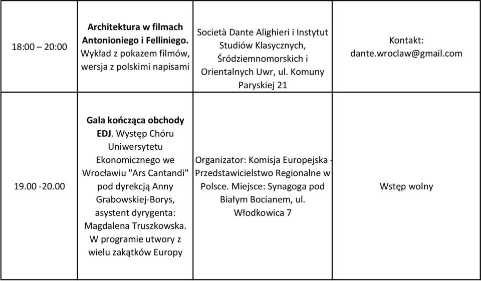 Orientalnych Uwr, ul. Komuny Paryskiej 21 19.00-20.00 Gala kończąca obchody EDJ.