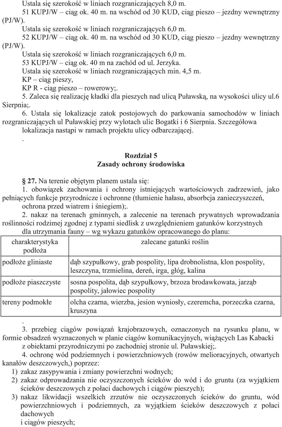 Ustala się szerokość w liniach rozgraniczających min. 4,5 m. KP ciąg pieszy, KP R - ciąg pieszo rowerowy;. 5. Zaleca się realizację kładki dla pieszych nad ulicą Puławską, na wysokości ulicy ul.