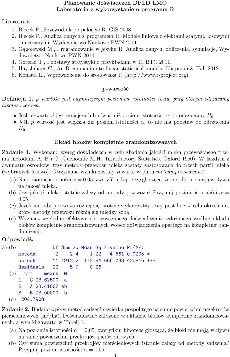 4. Górecki T., Podstawy statystyki z przykładami w R, BTC 2011. 5. Hay-Jahans C., An R companion to linear statistical models, Chapman & Hall 2012. 6. Komsta Ł.