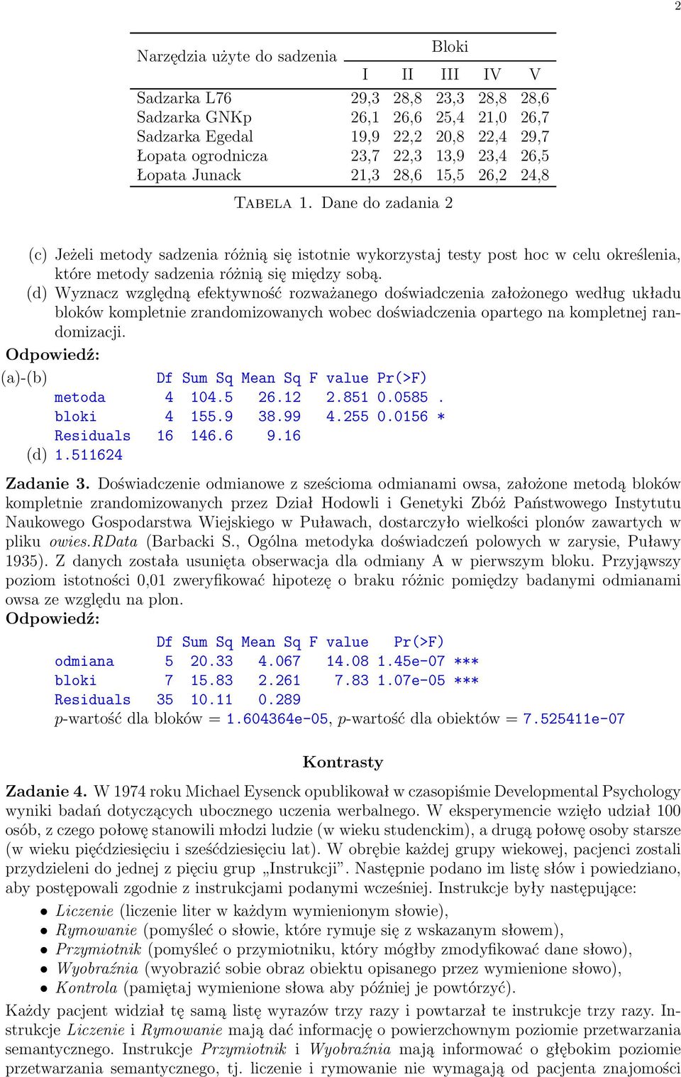 Dane do zadania 2 (c) Jeżeli metody sadzenia różnią się istotnie wykorzystaj testy post hoc w celu określenia, które metody sadzenia różnią się między sobą.