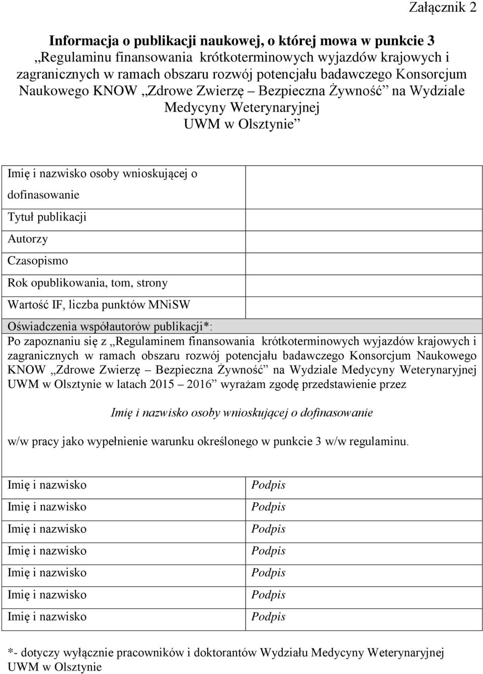 opublikowania, tom, strony Wartość IF, liczba punktów MNiSW Oświadczenia współautorów publikacji*: Po zapoznaniu się z Regulaminem finansowania krótkoterminowych wyjazdów krajowych i zagranicznych w