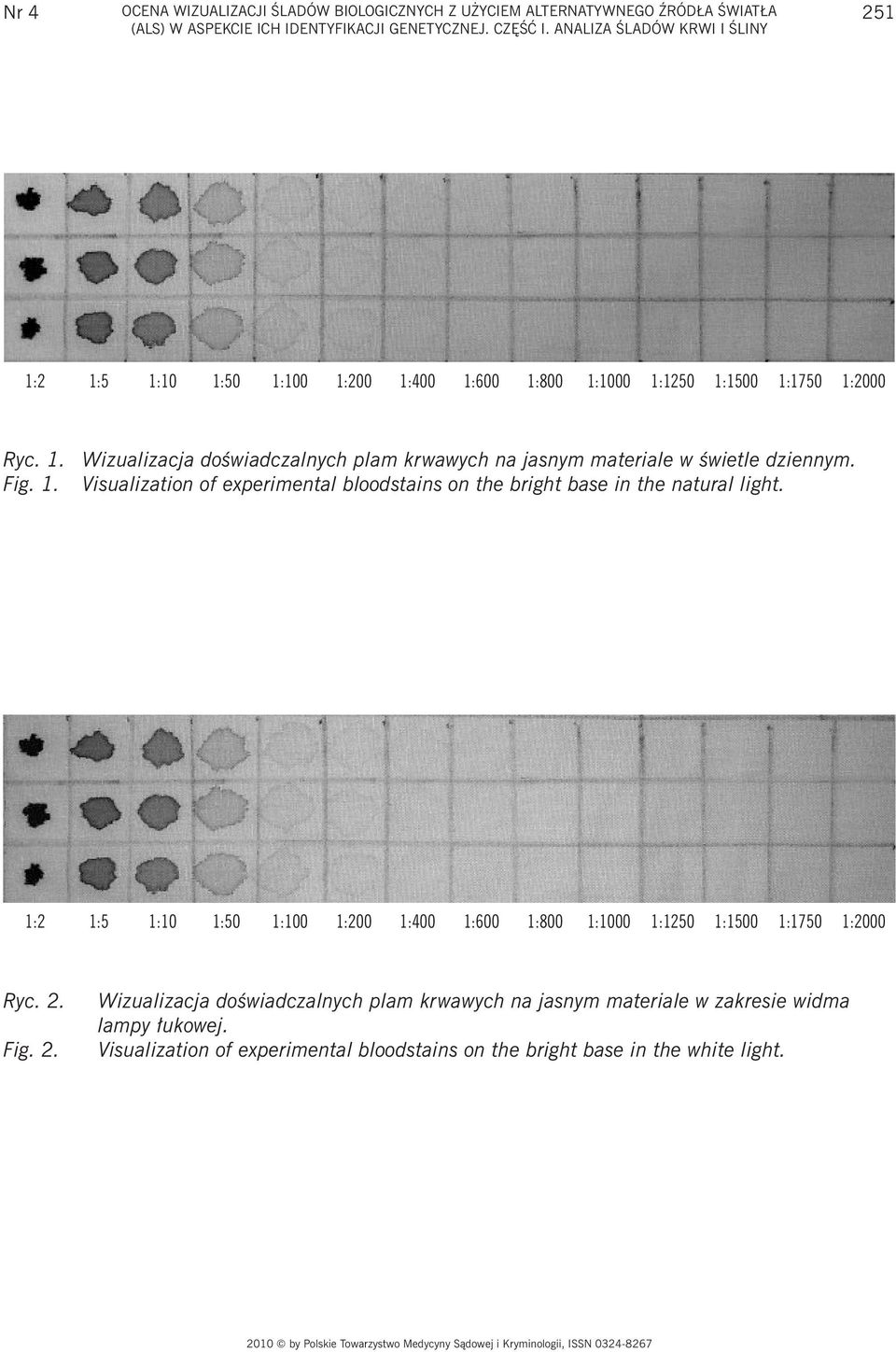 Visualization of experimental bloodstains on the bright base in the natural light. 1:2 1:5 1:10 1:50 1:100 1:200 1:400 1:600 1:800 1:1000 1:1250 1:1500 1:1750 1:2000 Ryc. 2. Fig.