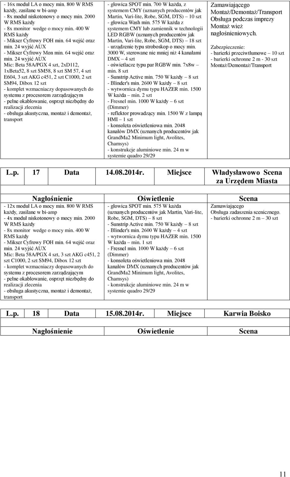8 szt - Sunstrip Active min. 750 W każdy 8 szt - Blinder's min. 2600 W każdy 8 szt W każda min. 2 szt - reflektor prowadzący min. 1500 W z lampą HMI 1 szt Montaż wież nagłośnieniowych.