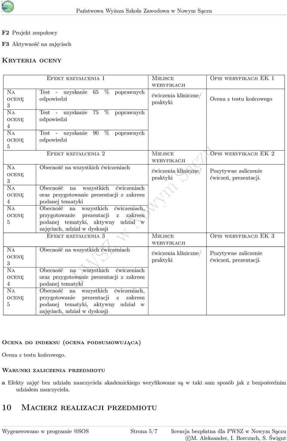 prezentacji z zakresu podanej tematyki Obecność na wszystkich ch, przygotowanie prezentacji z zakresu podanej tematyki, aktywny udzia l w zajęciach, udzia l w dyskusji Efekt kszta lcenia Obecność na