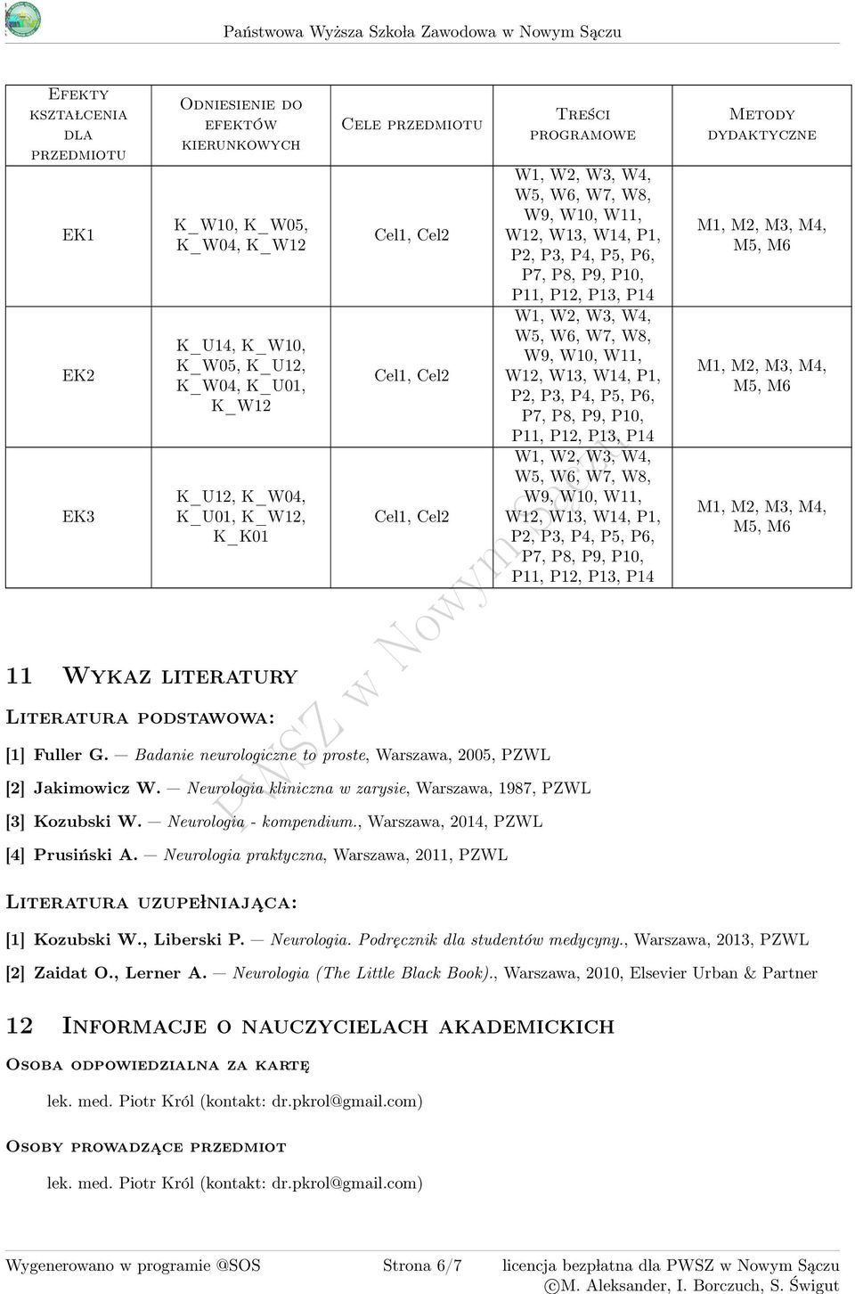 Badanie neurologiczne to proste, Warszawa, 005, PZWL Treści programowe W1, W, W, W4, W5, W6, W7, W8, W9, W10, W11, W1, W1, W14, P1, P, P, P4, P5, P6, P7, P8, P9, P10, P11, P1, P1, P14 W1, W, W, W4,