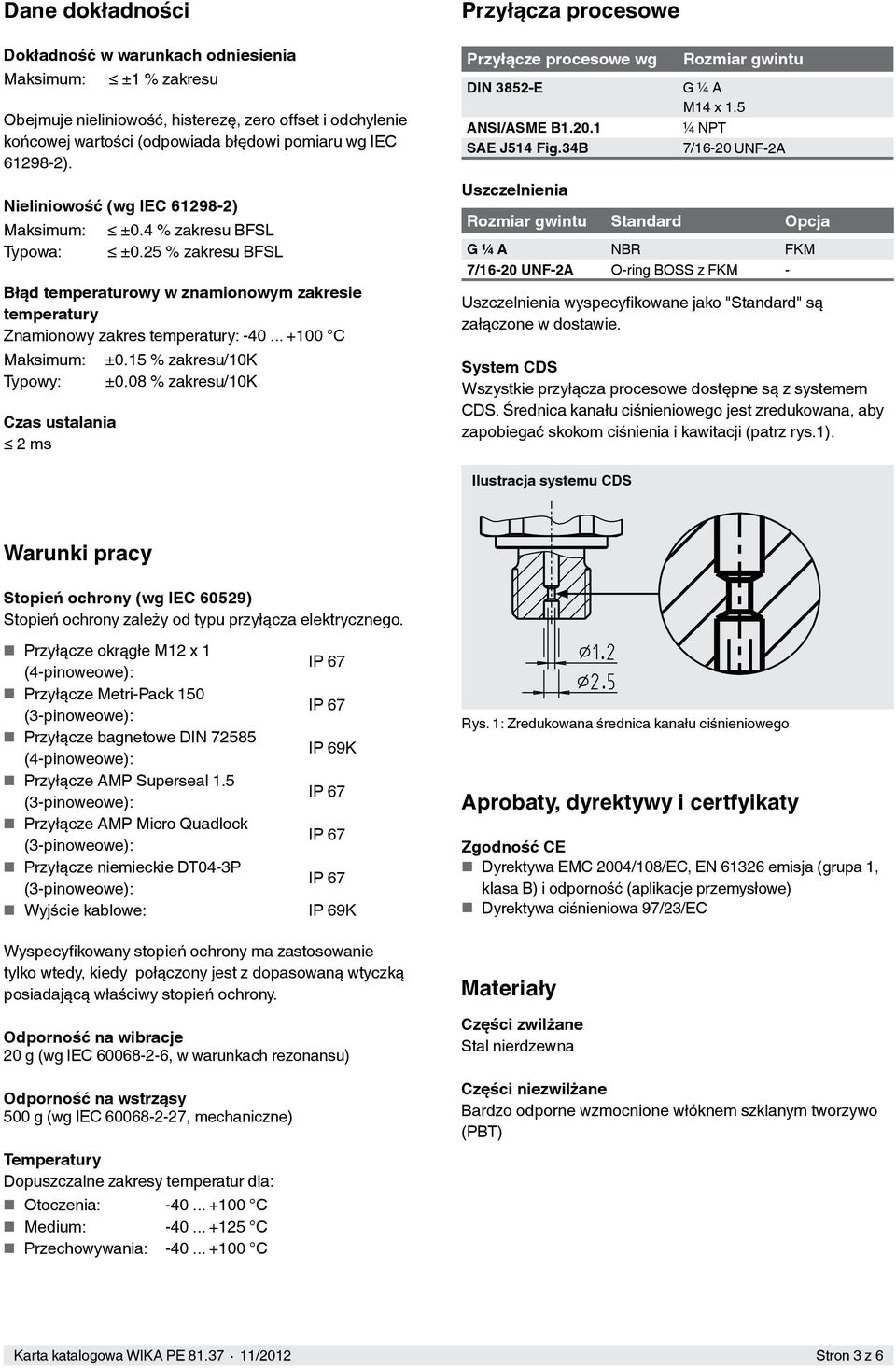 15 % zakresu/10k Typowy: ±0.08 % zakresu/10k Czas ustalania 2 ms Przyłącza procesowe Przyłącze procesowe wg DIN 3852-E ANSI/ASME B1.20.1 SAE J514 Fig.34B Uszczelnienia Rozmiar gwintu G ¼ A M14 x 1.