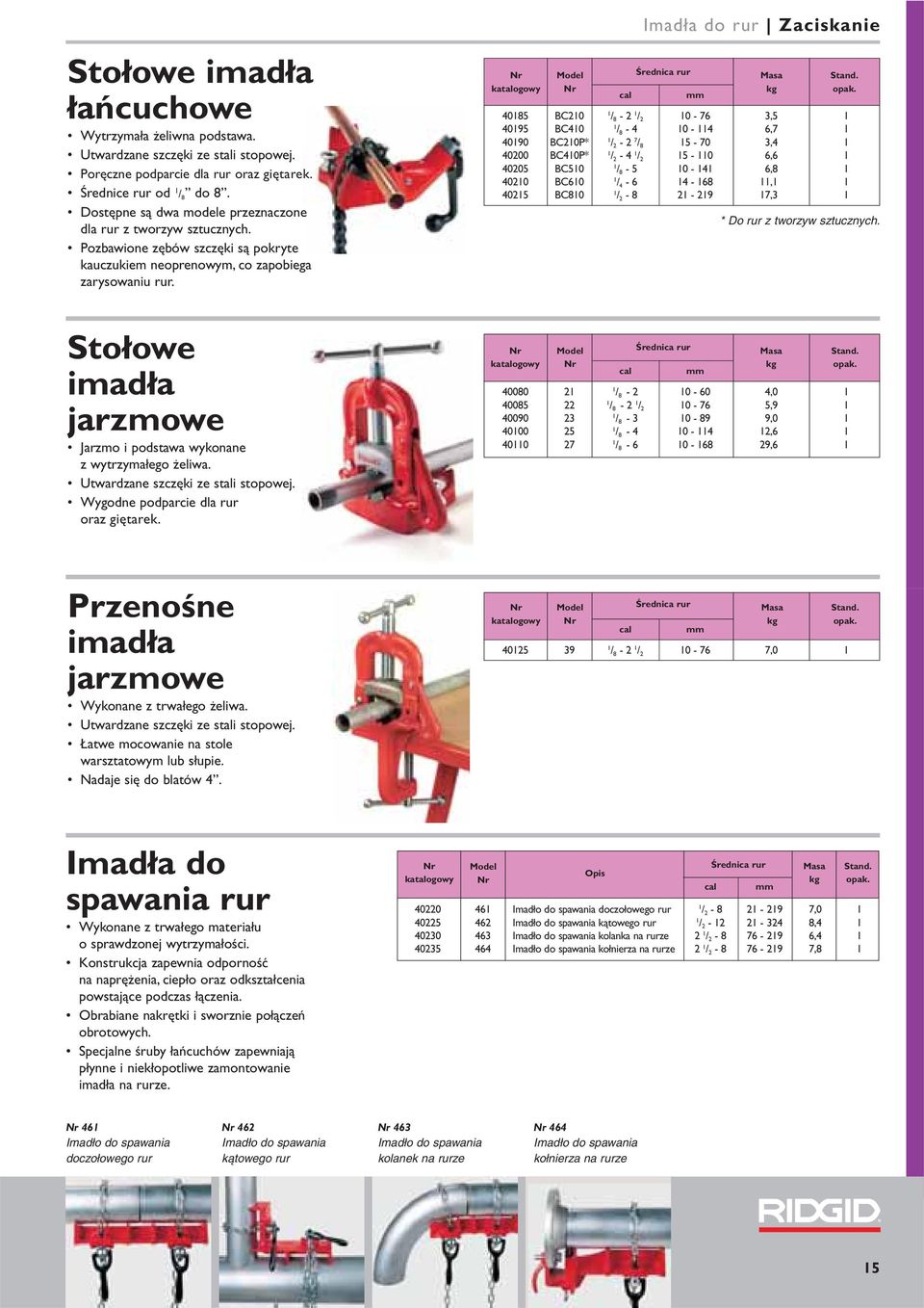 Imadła do rur Zaciskanie 40185 BC210 1 / 8-2 1 / 2 10-76 3,5 1 40195 BC410 1 / 8-4 10-114 6,7 1 40190 BC210P* 1 / 2-2 7 / 8 15-70 3,4 1 40200 BC410P* 1 / 2-4 1 / 2 15-110 6,6 1 40205 BC510 1 / 8-5
