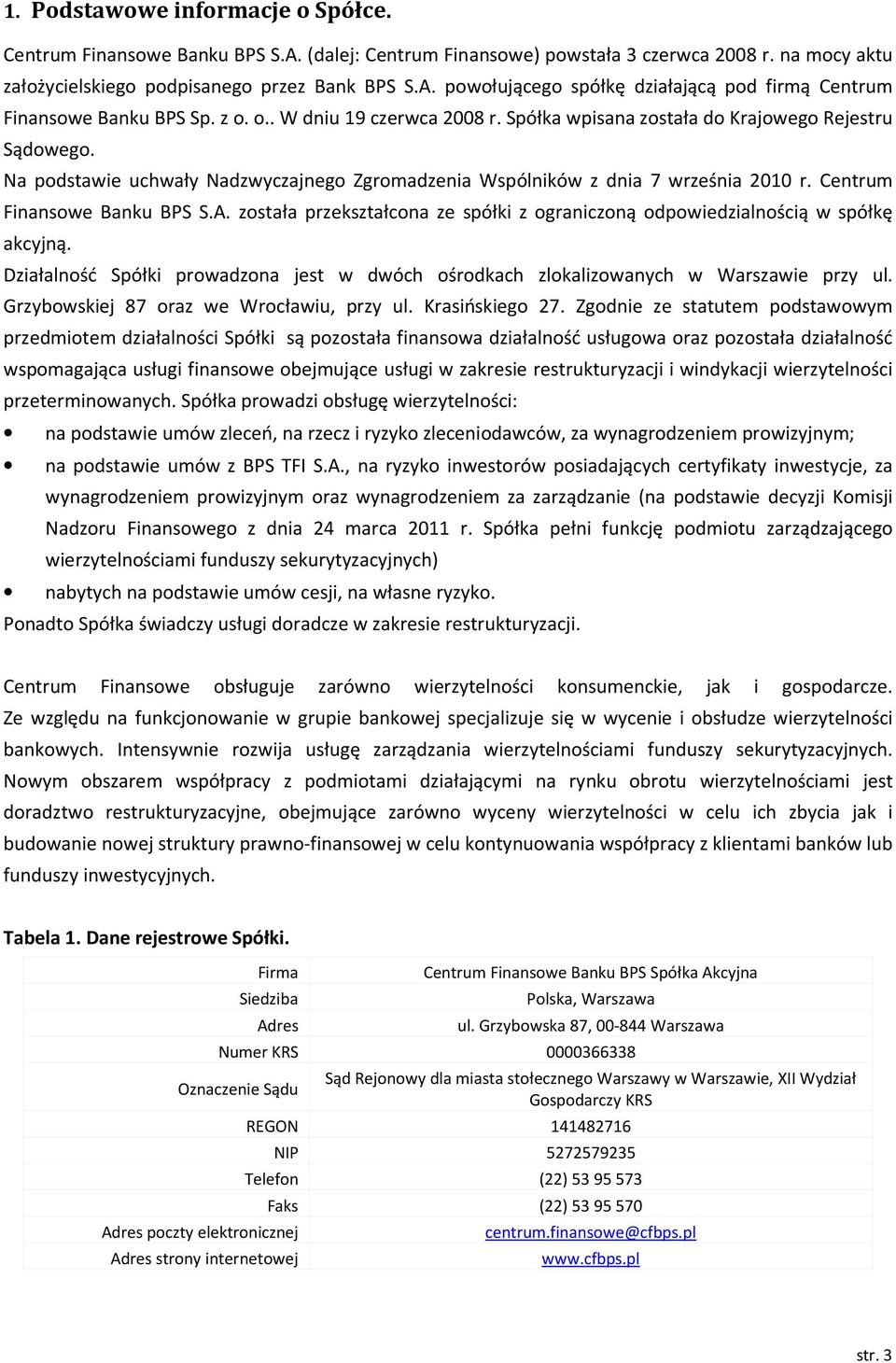 Centrum Finansowe Banku BPS S.A. została przekształcona ze spółki z ograniczoną odpowiedzialnością w spółkę akcyjną.