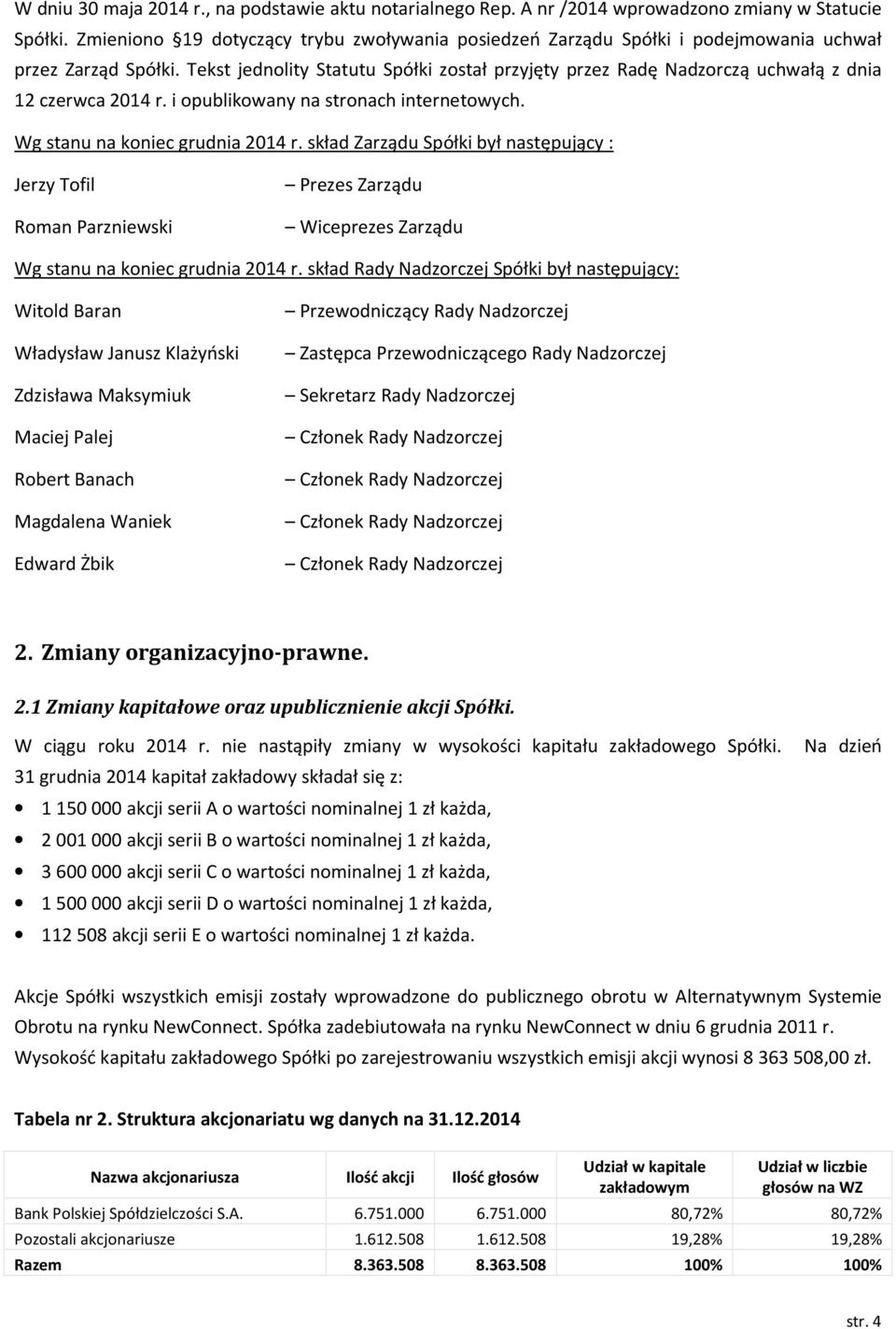 Tekst jednolity Statutu Spółki został przyjęty przez Radę Nadzorczą uchwałą z dnia 12 czerwca 2014 r. i opublikowany na stronach internetowych. Wg stanu na koniec grudnia 2014 r.