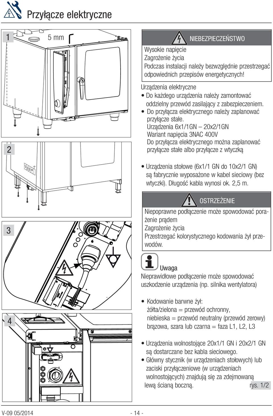 Urządzenia 6x/GN 0x/GN Wariant napięcia NAC 400V Do przyłącza elektrycznego można zaplanować przyłącze stałe albo przyłącze z wtyczką Urządzenia stołowe (6x/ GN do 0x/ GN) są fabrycznie wyposażone w