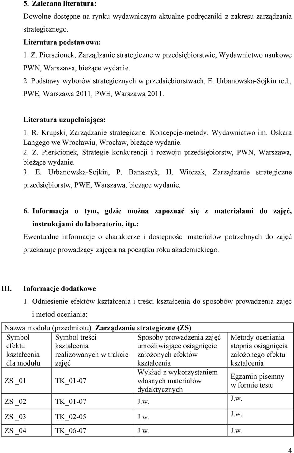 Koncepcje-metody, Wydawnictwo im. Oskara Langego we Wrocławiu, Wrocław, bieżące wydanie. 2. Z. Pierścionek, Strategie konkurencji i rozwoju przedsiębiorstw, PWN, Warszawa, bieżące wydanie. 3. E.