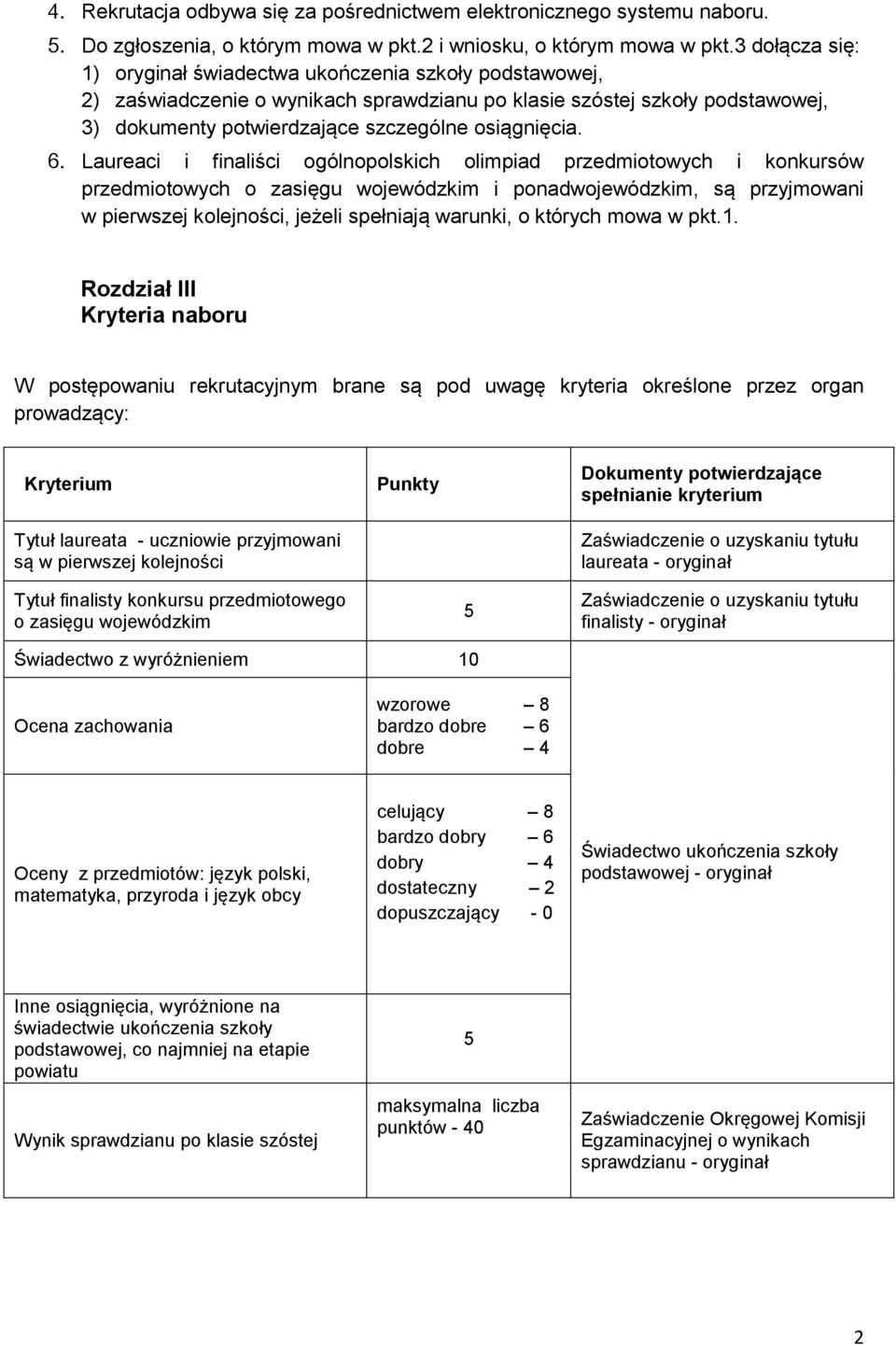 6. Laureaci i finaliści ogólnopolskich olimpiad przedmiotowych i konkursów przedmiotowych o zasięgu wojewódzkim i ponadwojewódzkim, są przyjmowani w pierwszej kolejności, jeżeli spełniają warunki, o