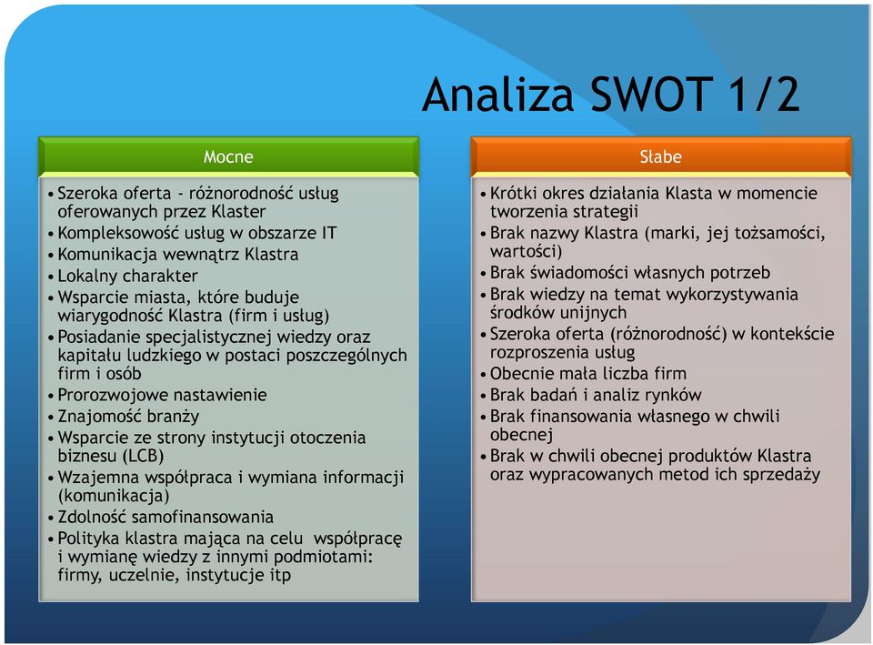 instytucji otoczenia biznesu (LCB) Wzajemna współpraca i wymiana informacji (komunikacja) Zdolność samofinansowania Polityka klastra mająca na celu współpracę i wymianę wiedzy z innymi podmiotami: