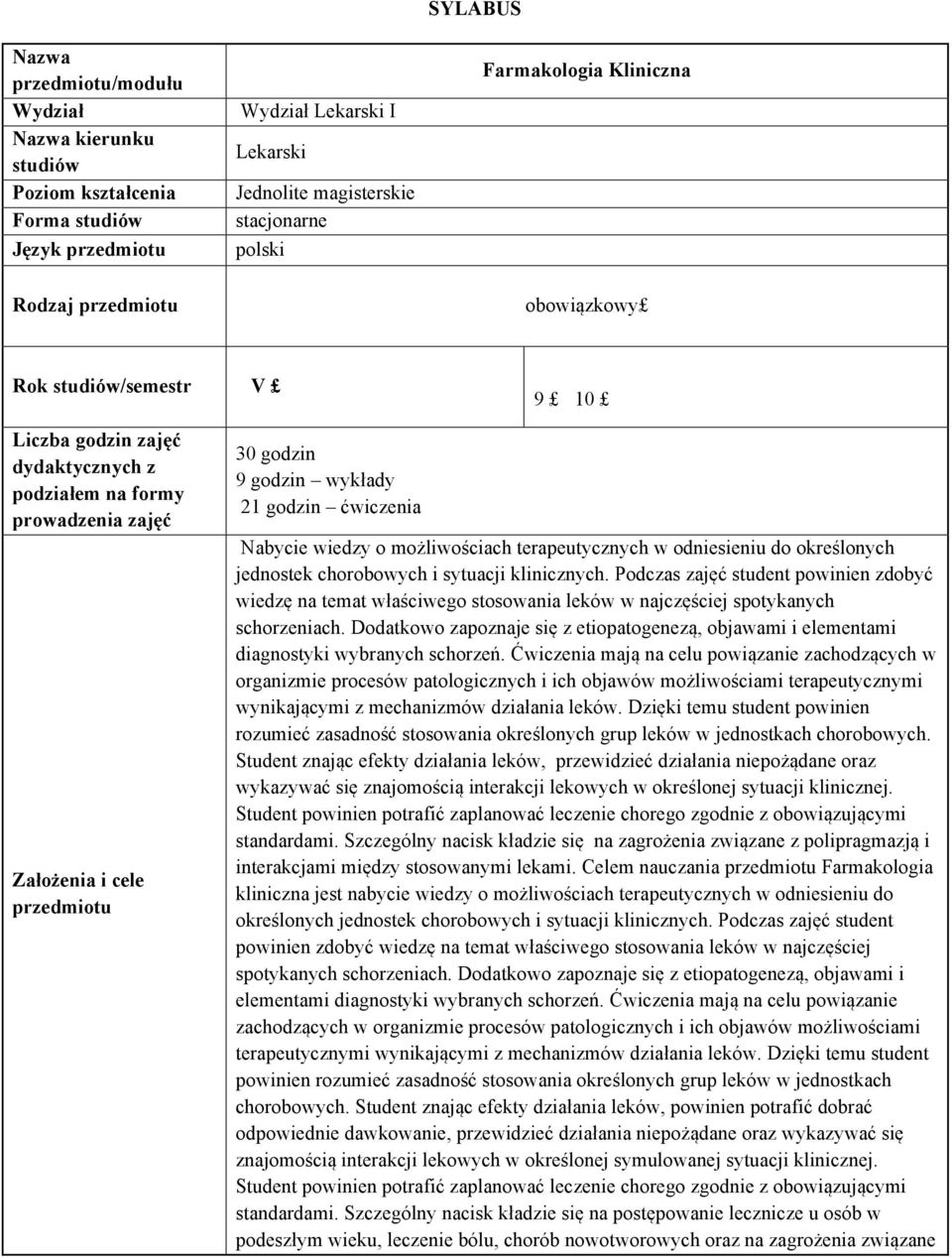 ćwiczenia Nabycie wiedzy o możliwościach terapeutycznych w odniesieniu do określonych jednostek chorobowych i sytuacji klinicznych.