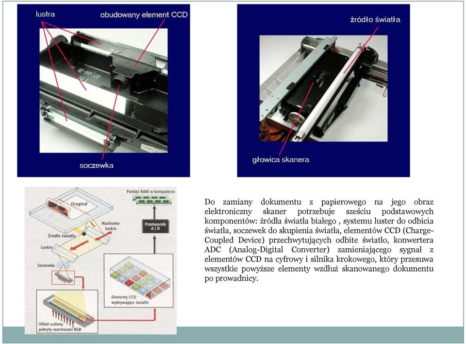 Coupled Device) przechwytujących odbite światło, konwertera ADC (Analog-Digital Converter) zamieniającego sygnał z