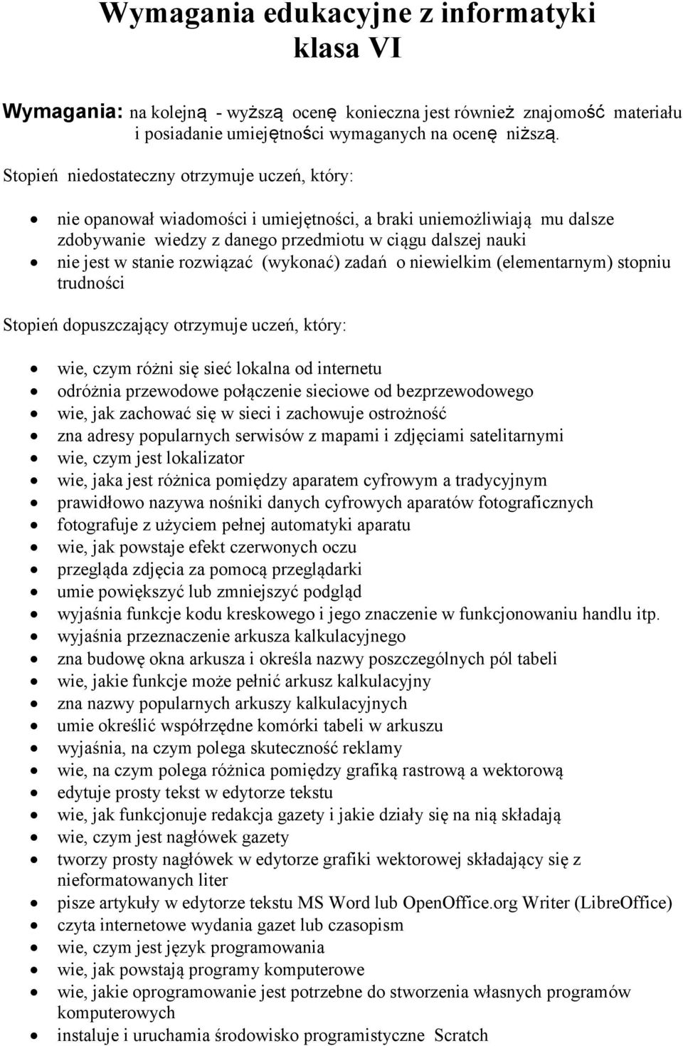 rozwiązać (wykonać) zadań o niewielkim (elementarnym) stopniu trudności Stopień dopuszczający otrzymuje uczeń, który: wie, czym różni się sieć lokalna od internetu odróżnia przewodowe połączenie