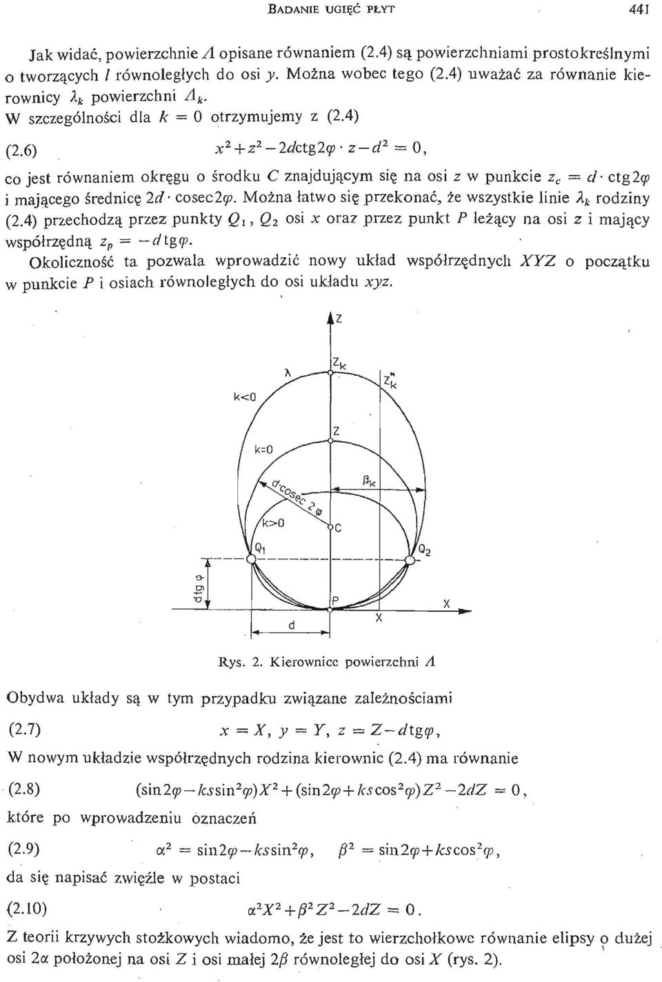 6) x 2 + z 2-2dctg2<p z- d 2 = 0, co jest równaniem okrę gu o ś rodku C znajdują cym się na osi z w punkcie z c cl- ctg2<p 1 mają cego ś rednicę 2d- cosec2cp.