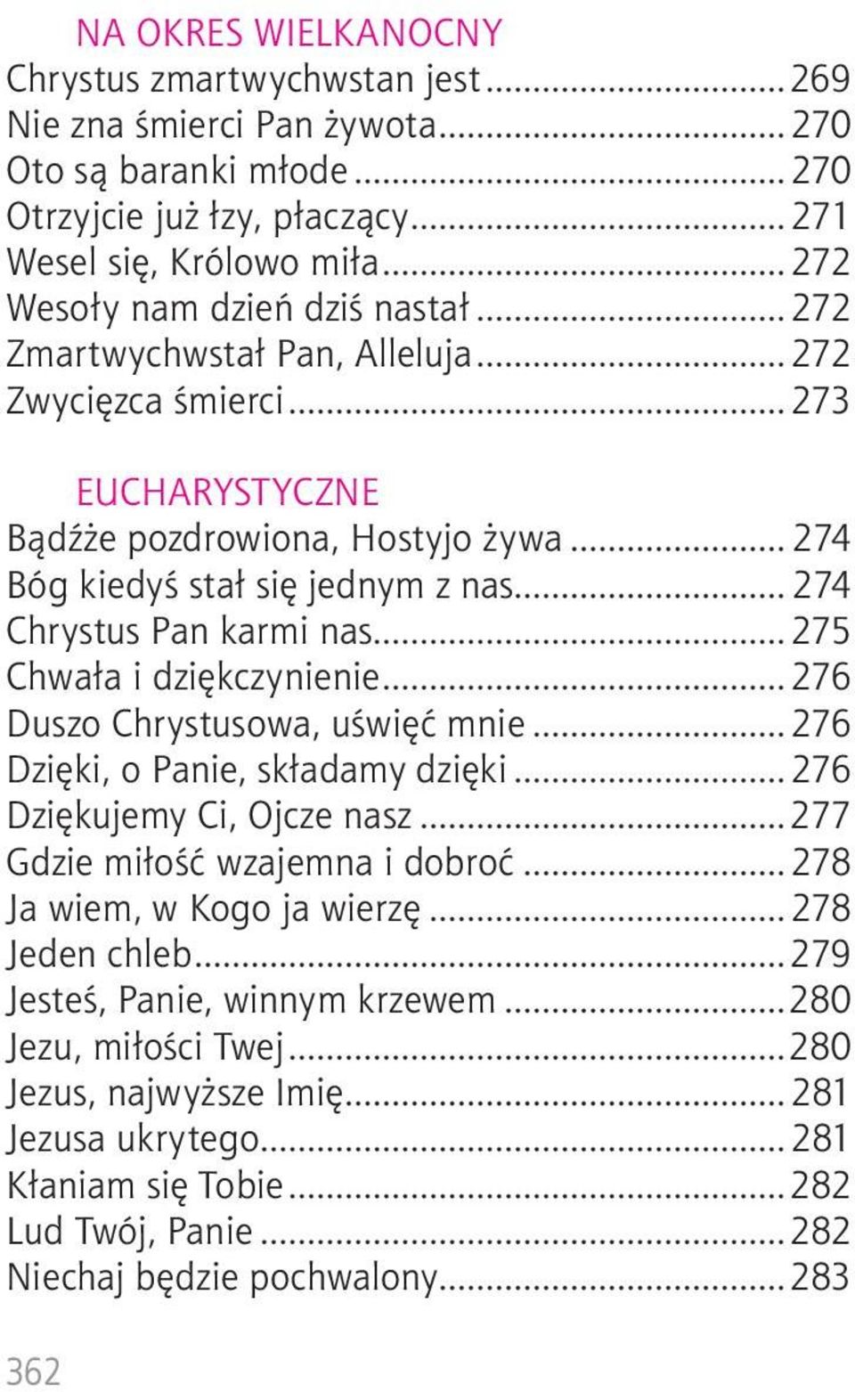 .. 274 Chrystus Pan karmi nas...275 Chwała i dziękczynienie...276 Duszo Chrystusowa, uświęć mnie...276 Dzięki, o Panie, składamy dzięki...276 Dziękujemy Ci, Ojcze nasz.