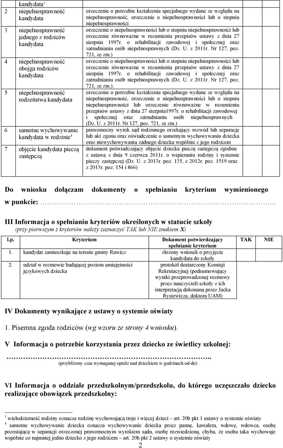 niepełnosprawności lub orzeczenie równoważne w rozumieniu przepisów ustawy z dnia 27 sierpnia 1997r. o rehabilitacji zawodowej i społecznej oraz zatrudnianiu osób niepełnosprawnych (Dz. U. z 2011r.