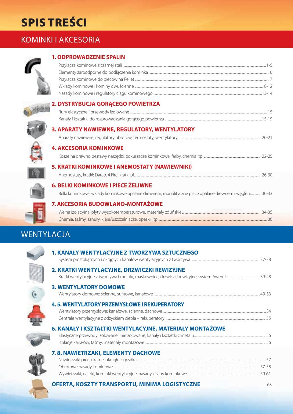 .. 15 Kanały i kształtki do rozprowadzania gorącego powietrza...15-19 3. APARATY NAWIEWNE, REGULATORY, WENTYLATORY Aparaty nawiewne, regulatory obrotów, termostaty, wentylatory... 20-21 4.