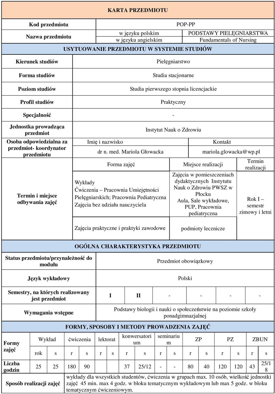 przedmiot- koordynator przedmiotu Termin i miejsce odbywania zajęć Imię i nazwisko dr n. med.