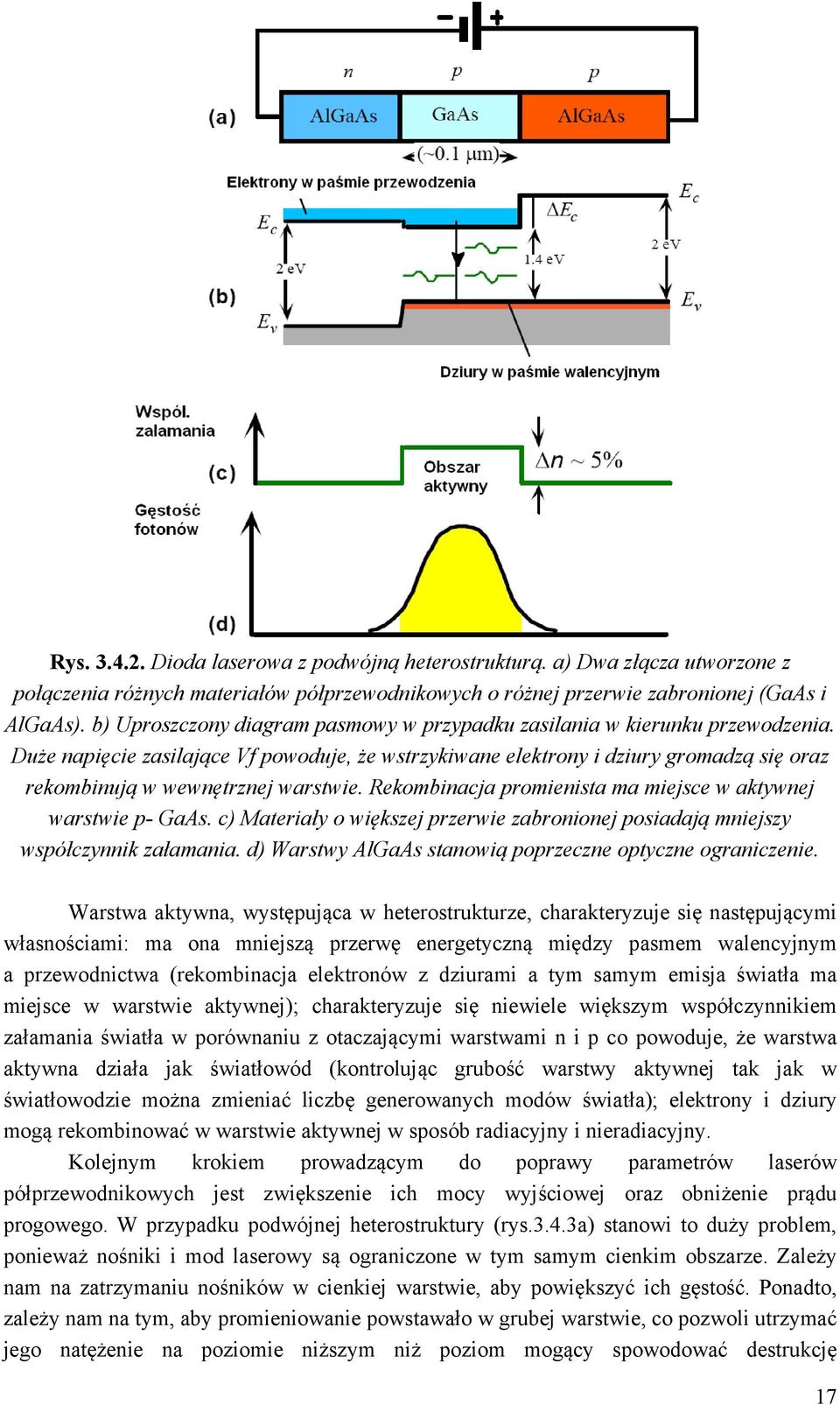 Duże napięcie zasilające Vf powoduje, że wstrzykiwane elektrony i dziury gromadzą się oraz rekombinują w wewnętrznej warstwie. Rekombinacja promienista ma miejsce w aktywnej warstwie p- GaAs.