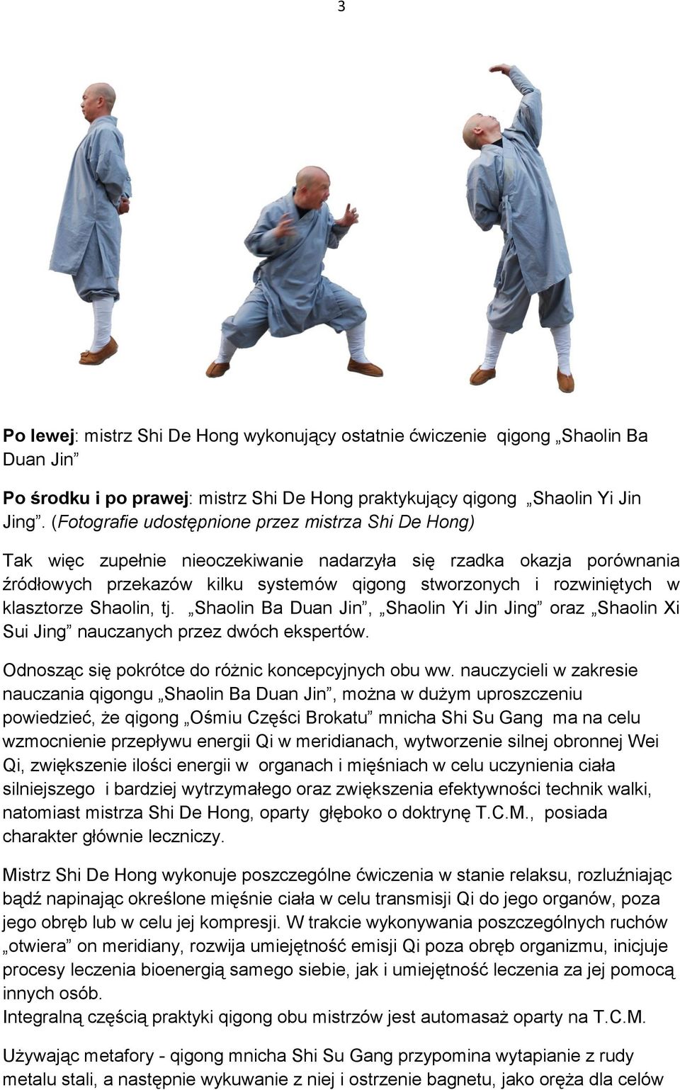 klasztorze Shaolin, tj. Shaolin Ba Duan Jin, Shaolin Yi Jin Jing oraz Shaolin Xi Sui Jing nauczanych przez dwóch ekspertów. Odnosząc się pokrótce do różnic koncepcyjnych obu ww.