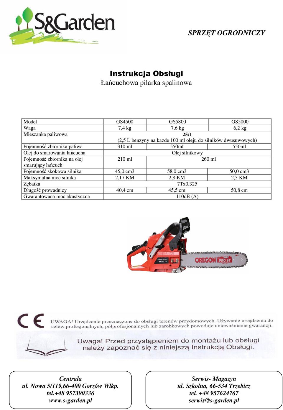 łańcuch Pojemność skokowa silnika 45,0 cm3 58,0 cm3 50,0 cm3 Maksymalna moc silnika 2,17 KM 2,8 KM 2,3 KM Zębatka 7Tx0,325 Długość prowadnicy 40,4 cm 45,5 cm 50,8 cm