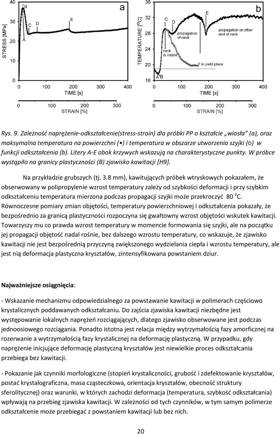 odkształcenia (b). Litery A-E obok krzywych wskazują na charakterystyczne punkty. W próbce wystąpiło na granicy plastyczności (B) zjawisko kawitacji [H9]. Na przykładzie grubszych (tj. 3.