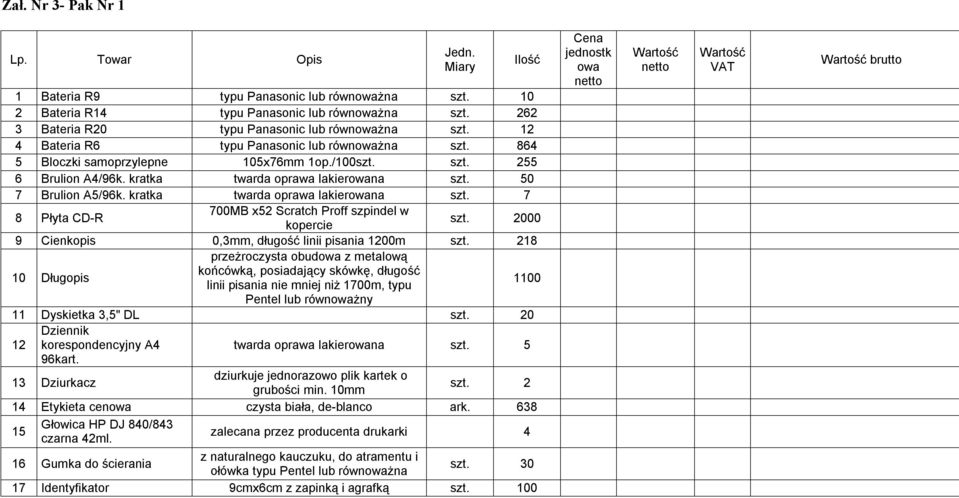 kratka twarda oprawa lakierowana szt. 7 8 Płyta CD-R 700MB x52 Scratch Proff szpindel w kopercie szt. 2000 9 Cienkopis 0,3mm, długość linii pisania 1200m szt.