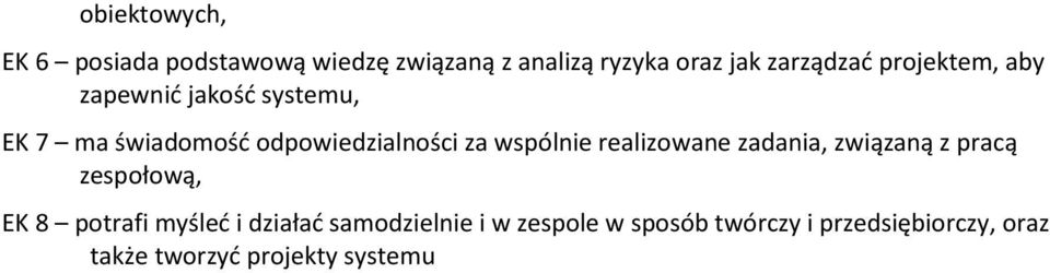 realizowane zadania, związaną z pracą zespołową, EK 8 potrafi myśleć i działać