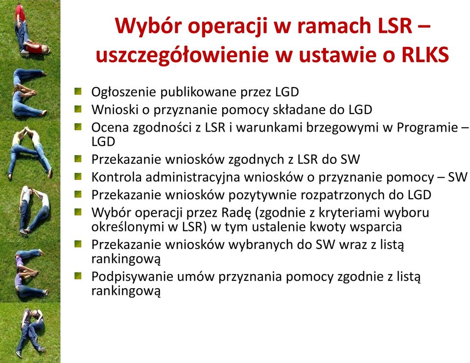 pomocy SW Przekazanie wniosków pozytywnie rozpatrzonych do LGD Wybór operacji przez Radę (zgodnie z kryteriami wyboru określonymi w LSR) w tym