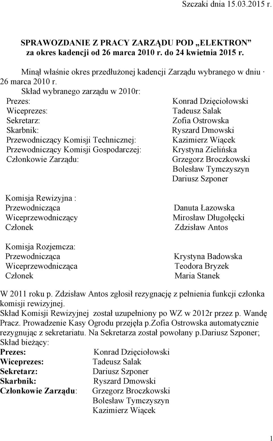 Skład wybranego zarządu w 2010r: Prezes: Konrad Dzięciołowski Wiceprezes: Tadeusz Salak Sekretarz: Zofia Ostrowska Skarbnik: Ryszard Dmowski Przewodniczący Komisji Technicznej: Kazimierz Wiącek