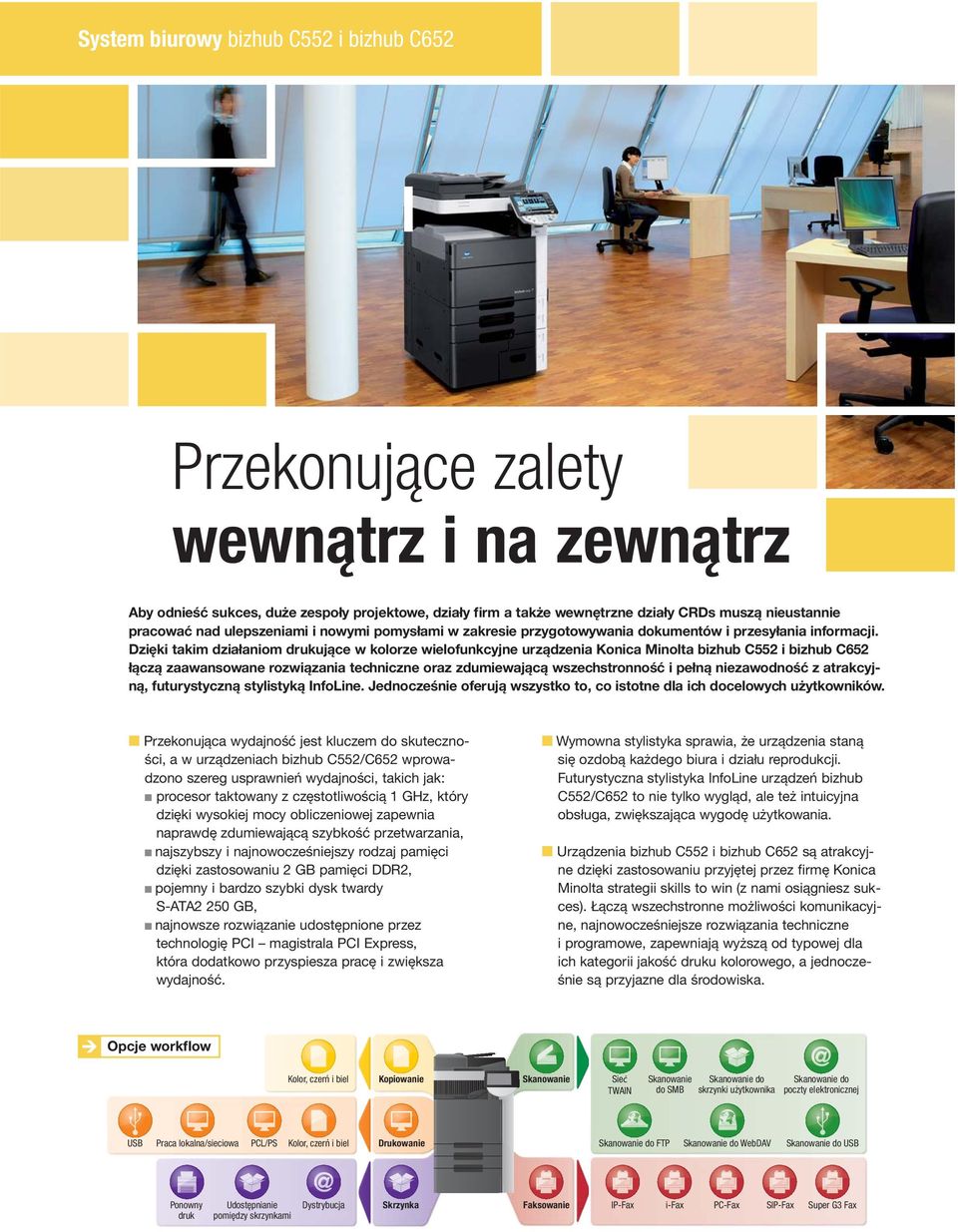 Dzięki takim działaniom drukujące w kolorze wielofunkcyjne urządzenia Konica Minolta bizhub C552 i bizhub C652 łączą zaawansowane rozwiązania techniczne oraz zdumiewającą wszechstronność i pełną