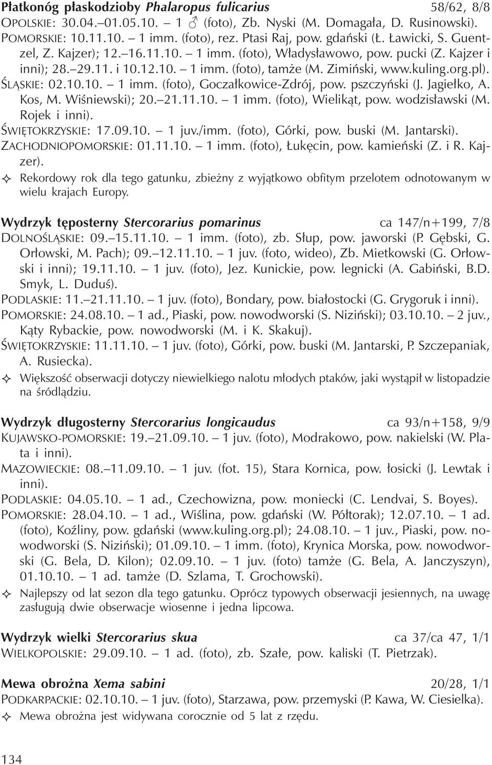 ŚLĄSKIE: 02.10.10. 1 imm. (foto), Goczałkowice-Zdrój, pow. pszczyński (J. Jagiełko, A. Kos, M. Wiśniewski); 20. 21.11.10. 1 imm. (foto), Wielikąt, pow. wodzisławski (M. Rojek i inni).