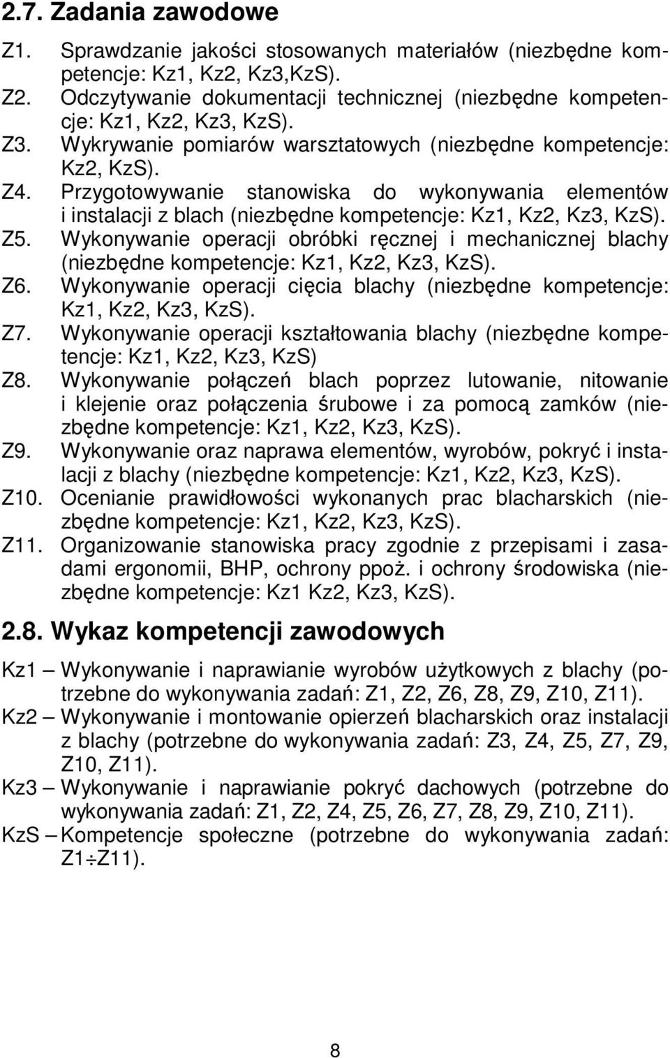 Wykonywanie operacji obróbki ręcznej i mechanicznej blachy (niezbędne kompetencje: Kz1, Kz2, Kz3, KzS). Z6. Wykonywanie operacji cięcia blachy (niezbędne kompetencje: Kz1, Kz2, Kz3, KzS). Z7.